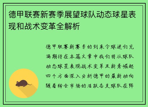 德甲联赛新赛季展望球队动态球星表现和战术变革全解析